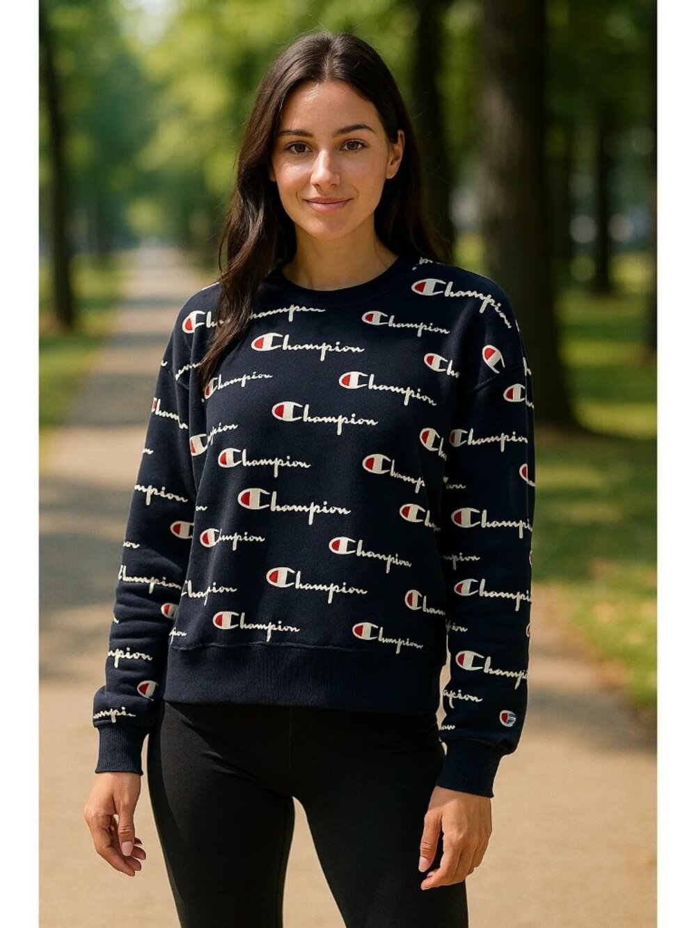 Champion LARGE Reverse Weave Sweatshirt Navy Blue All Over Logo Crewneck